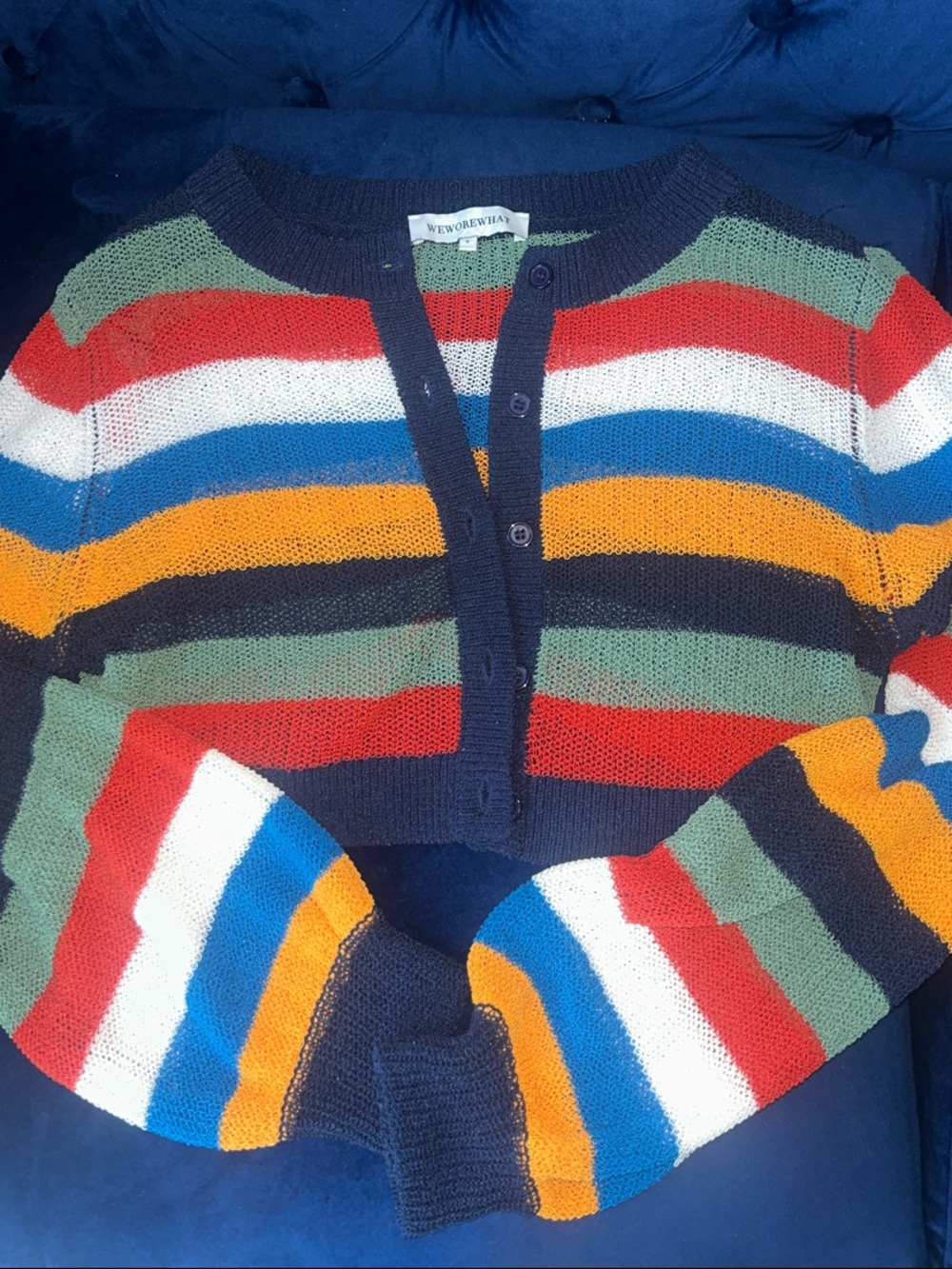 WeWoreWhat Navy Multicolor Striped Cropped Cardigan